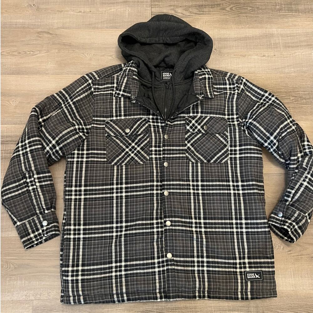 Eddie Bauer Black, Gray & White Plaid Quilted Hooded Jacket